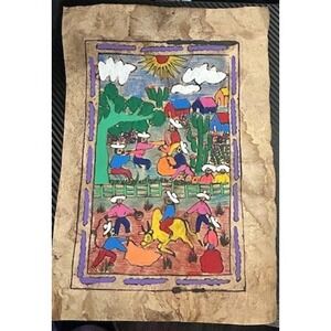 VTG Handmade Nahua Style Amate‎ Bark Painting Folk Art 11.5x8 Mexican Decor
